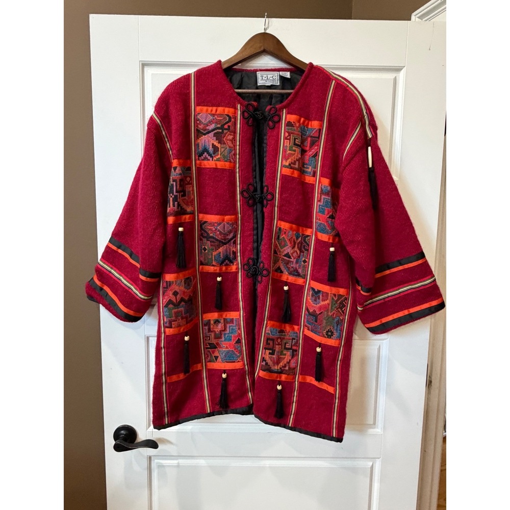 Vintage 90s TLC‎ by Lambert Red Mohair Tapestry Cardigan Medium Boho Art To Wear - Picture 2 of 13